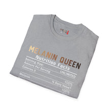 Load image into Gallery viewer, Melanin Queen Nutrition Facts Unisex Softstyle T-Shirt
