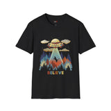Believe Cat Abduction Vintage Alien T Shirt, Retro UFO Graphic Tee, Space Streetwear Shirt