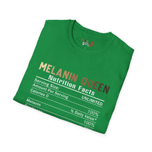 Load image into Gallery viewer, Melanin Queen Nutrition Facts Unisex Softstyle T-Shirt
