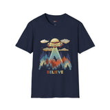 Believe Cat Abduction Vintage Alien T Shirt, Retro UFO Graphic Tee, Space Streetwear Shirt